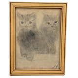 Mary's Soulful Kittens, Naive Graphite/Charcoal Drawing, Framed as Found