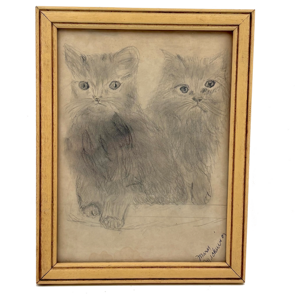 Mary's Soulful Kittens, Naive Graphite/Charcoal Drawing, Framed as Found