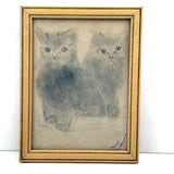 Mary's Soulful Kittens, Naive Graphite/Charcoal Drawing, Framed as Found