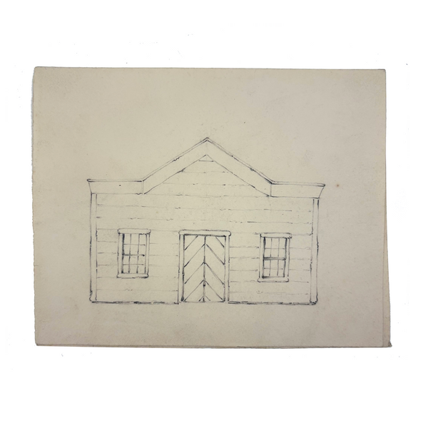 Pair of Antique Graphite Drawings on Houses on Folded Paper