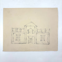 Pair of Antique Graphite Drawings on Houses on Folded Paper