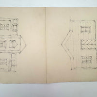 Pair of Antique Graphite Drawings on Houses on Folded Paper