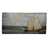 Very Quiet Late 19th Century New England Ship Painting, Oil on Cigar Box Wood