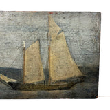 Very Quiet Late 19th Century New England Ship Painting, Oil on Cigar Box Wood
