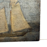 Very Quiet Late 19th Century New England Ship Painting, Oil on Cigar Box Wood