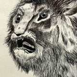 Fierce Looking Lion! Large Late 19th Century Ink Drawing in Period Frame