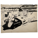 At Ease, with Hanging Pots, Esther Pressoir 1930s Signed Ink on Paper Drawing of Two Figures