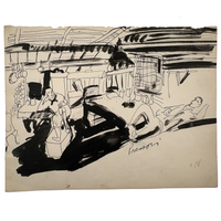 At Ease, with Hanging Pots, Esther Pressoir 1930s Signed Ink on Paper Drawing of Two Figures