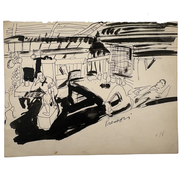 At Ease, with Hanging Pots, Esther Pressoir 1930s Signed Ink on Paper Drawing of Two Figures