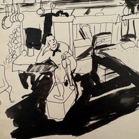At Ease, with Hanging Pots, Esther Pressoir 1930s Signed Ink on Paper Drawing of Two Figures