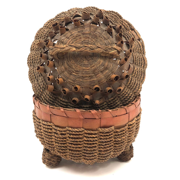 C. 1920s Mi'kmaq Sweet Grass and Ash Splint Basket with Curlicues and Three Feet!