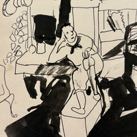 At Ease, with Hanging Pots, Esther Pressoir 1930s Signed Ink on Paper Drawing of Two Figures