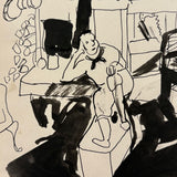 At Ease, with Hanging Pots, Esther Pressoir 1930s Signed Ink on Paper Drawing of Two Figures