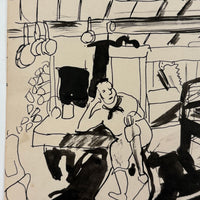 At Ease, with Hanging Pots, Esther Pressoir 1930s Signed Ink on Paper Drawing of Two Figures