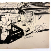 At Ease, with Hanging Pots, Esther Pressoir 1930s Signed Ink on Paper Drawing of Two Figures