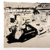 At Ease, with Hanging Pots, Esther Pressoir 1930s Signed Ink on Paper Drawing of Two Figures
