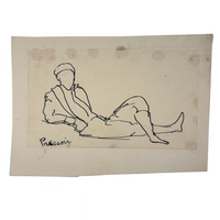 Esther Pressoir, Lyrical Ink Drawing of Reclining Figure, Legs Crossed, Sigeed and Mounted to Card, 1930s