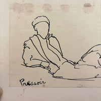 Esther Pressoir, Lyrical Ink Drawing of Reclining Figure, Legs Crossed, Sigeed and Mounted to Card, 1930s