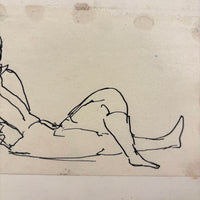 Esther Pressoir, Lyrical Ink Drawing of Reclining Figure, Legs Crossed, Sigeed and Mounted to Card, 1930s