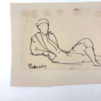 Esther Pressoir, Lyrical Ink Drawing of Reclining Figure, Legs Crossed, Sigeed and Mounted to Card, 1930s