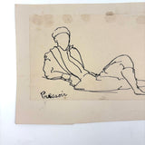 Esther Pressoir, Lyrical Ink Drawing of Reclining Figure, Legs Crossed, Sigeed and Mounted to Card, 1930s