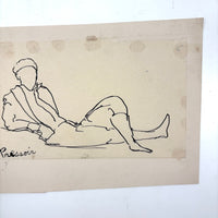 Esther Pressoir, Lyrical Ink Drawing of Reclining Figure, Legs Crossed, Sigeed and Mounted to Card, 1930s