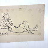 Esther Pressoir, Lyrical Ink Drawing of Reclining Figure, Legs Crossed, Sigeed and Mounted to Card, 1930s