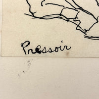 Esther Pressoir, Lyrical Ink Drawing of Reclining Figure, Legs Crossed, Sigeed and Mounted to Card, 1930s