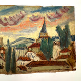 Red Roofs, Blue Steeple, Moody Sky, Adelaide Lawson Expressionistic Oil on Canvas Sketch/Fragment