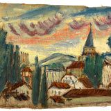 Red Roofs, Blue Steeple, Moody Sky, Adelaide Lawson Expressionistic Oil on Canvas Sketch/Fragment