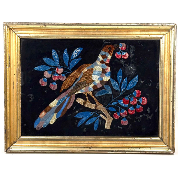 Brilliantly Colored Bird and Berries, Unusual Early Tinsel Painting in Original Frame