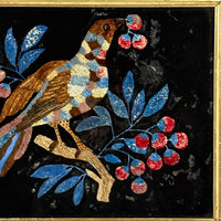 Brilliantly Colored Bird and Berries, Unusual Early Tinsel Painting in Original Frame