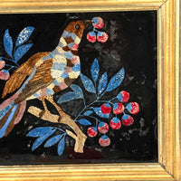 Brilliantly Colored Bird and Berries, Unusual Early Tinsel Painting in Original Frame