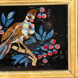 Brilliantly Colored Bird and Berries, Unusual Early Tinsel Painting in Original Frame
