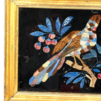 Brilliantly Colored Bird and Berries, Unusual Early Tinsel Painting in Original Frame