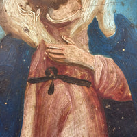 Jesus the Good Shepherd, Antique Retablo Painting on Tin with Charming Lambs