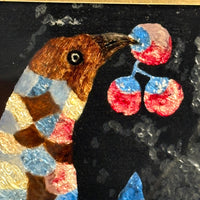 Brilliantly Colored Bird and Berries, Unusual Early Tinsel Painting in Original Frame
