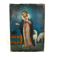 Jesus the Good Shepherd, Antique Retablo Painting on Tin with Charming Lambs