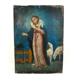 Jesus the Good Shepherd, Antique Retablo Painting on Tin with Charming Lambs
