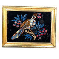 Brilliantly Colored Bird and Berries, Unusual Early Tinsel Painting in Original Frame