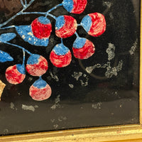 Brilliantly Colored Bird and Berries, Unusual Early Tinsel Painting in Original Frame