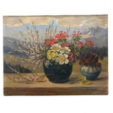 Alpine Flowers in Vases, c. 1920s-40s Bavarian Oil on Canvas Still Life with Mountains