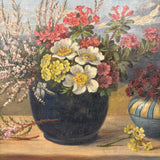 Alpine Flowers in Vases, c. 1920s-40s Bavarian Oil on Canvas Still Life with Mountains
