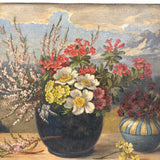 Alpine Flowers in Vases, c. 1920s-40s Bavarian Oil on Canvas Still Life with Mountains