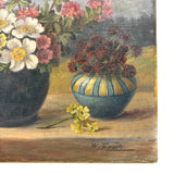 Alpine Flowers in Vases, c. 1920s-40s Bavarian Oil on Canvas Still Life with Mountains