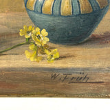 Alpine Flowers in Vases, c. 1920s-40s Bavarian Oil on Canvas Still Life with Mountains