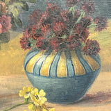 Alpine Flowers in Vases, c. 1920s-40s Bavarian Oil on Canvas Still Life with Mountains