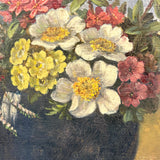 Alpine Flowers in Vases, c. 1920s-40s Bavarian Oil on Canvas Still Life with Mountains