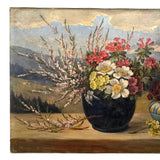 Alpine Flowers in Vases, c. 1920s-40s Bavarian Oil on Canvas Still Life with Mountains