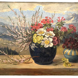 Alpine Flowers in Vases, c. 1920s-40s Bavarian Oil on Canvas Still Life with Mountains
